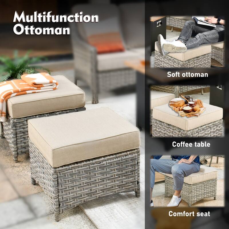 XIZZI Patio Wicker Ottoman with Cushion Outdoor Footrest