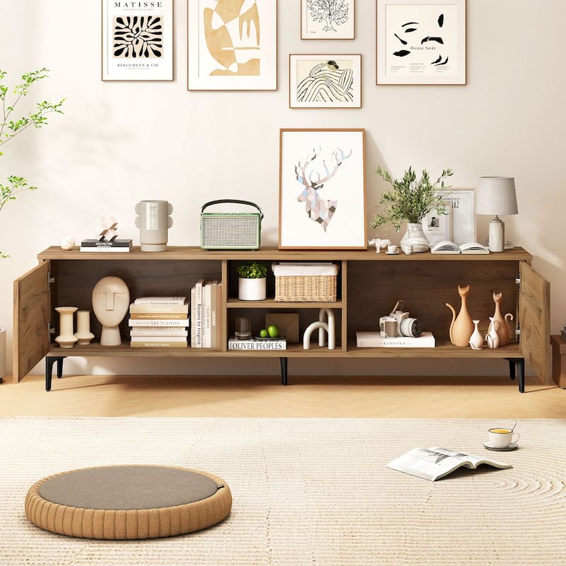 Gymax TV Stand w/2 Storage Cabinets & Open Shelves Cable Hole for TVs