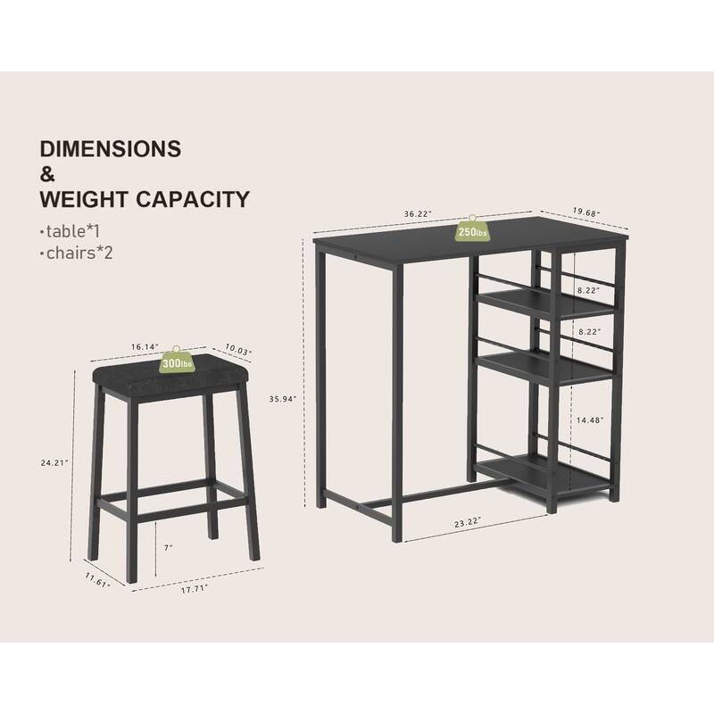 3-Piece Counter Height Dining Set with Storage Shelves, Minimalist Bar Table Set Padded Seat with Metal Frame