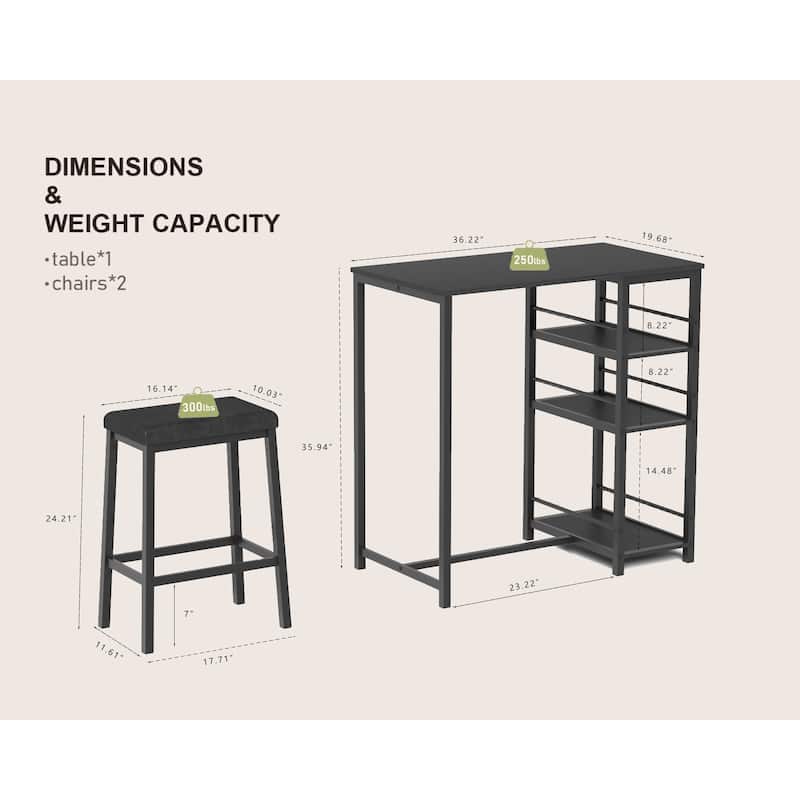 Metal Dining Table Set with 3 Large Storage Shelves and 2 Upholstered PU Leather Stools, Rectangular Dining Table Black