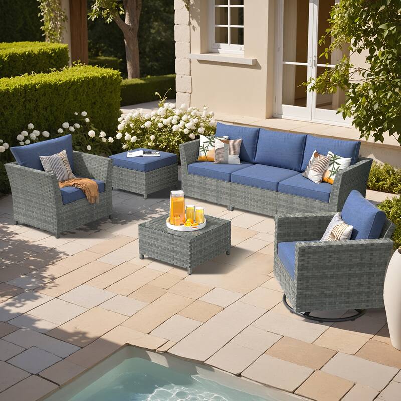 XIZZI 7-piece Outdoor Patio Furniture Rattan Wicker Conversation Set - Denim Blue