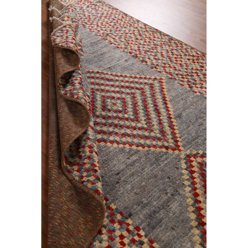 Hand Knotted Oriental 100% Wool Carpet Modern Geometric Greys & Charcoal Moroccan Area Rug - 9' 8'' X 6' 4''