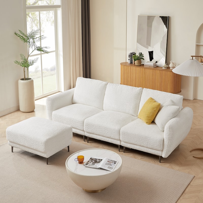 Convertible Sectional Sofa Couch, 3 Seat L-Shaped Sofa with Lamb Fabric, Movable Ottoman - Beige White