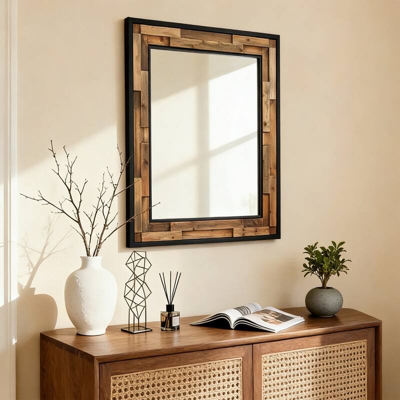Rectangular wall-mounted mirror with a wood and metal frame, suitable for decorating living rooms and entryways