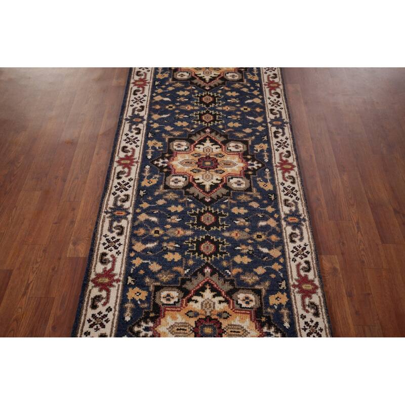 Blue Geometric Kazak Indian Runner Rug Handmade Oriental Wool Carpet - 2'8"x 8'2"