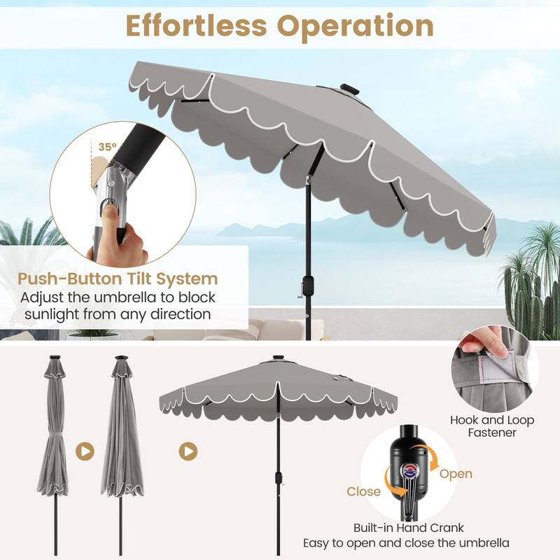 9.3 FT Outdoor Patio Polyester Umbrella with Solar LED Lights and Tilt Crank Metal Frame for Garden Deck
