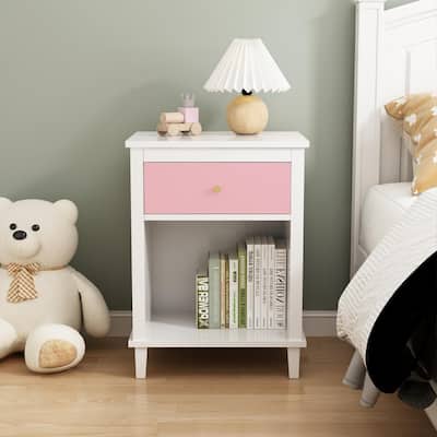 Wooden 2-Tier Kids Nightstand Small Side Table with Drawer and Open Shelf for Bedroom
