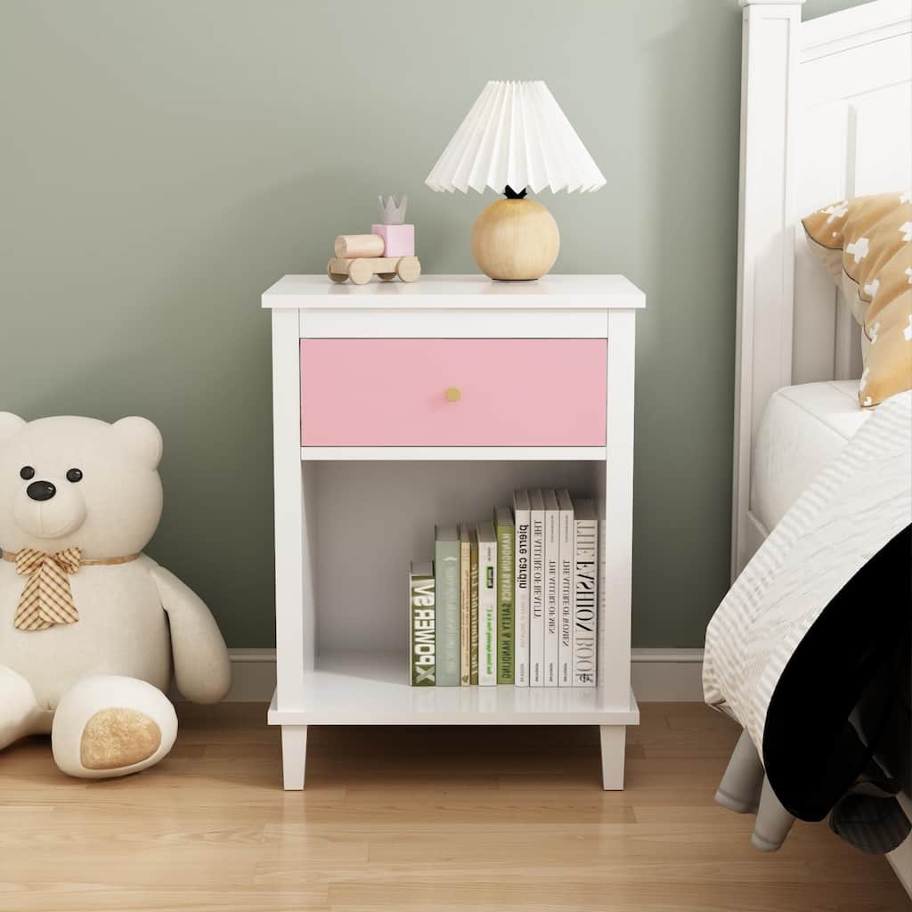 Wooden 2-Tier Kids Nightstand Small Side Table with Drawer and Open Shelf for Bedroom