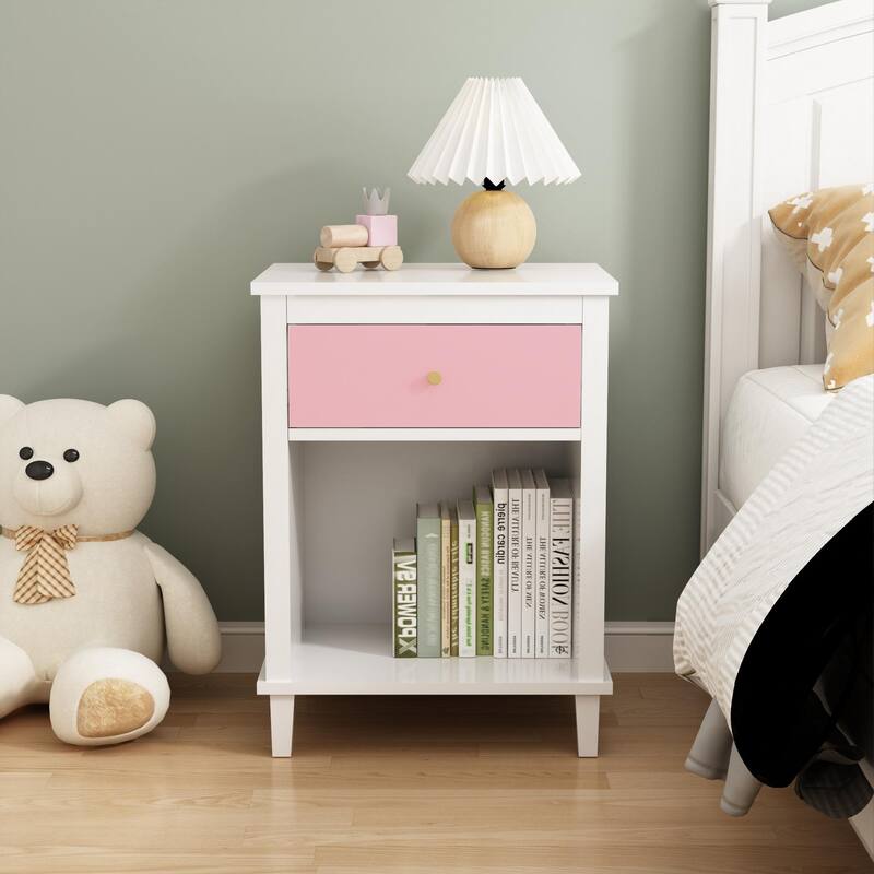 Wooden Bedside Table with One Drawer and Storage Shelf, Coffee Table Bedside Table with Solid Wood Frame