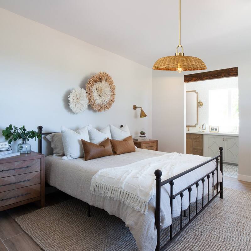 1-Light Modern Farmhouse Dome Straw Hat Hand Woven Chandelier with Natural Rattan Shade - Brass - 18.11" W × 9.06" H