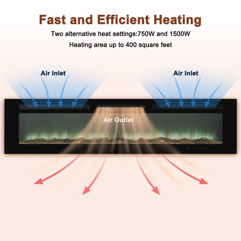 LED Recessed Electric Fireplace with 3 Top Light Colors, Remote Control, Adjustable Heating, and Touch Screen 1500W, Black