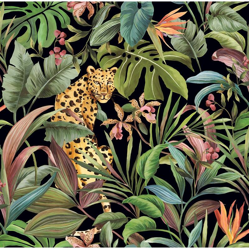 Daisy Bennett Designs Tropical Leopard Peel and Stick Wallpaper - 27 in. W x 18 ft. L - Gloss Black