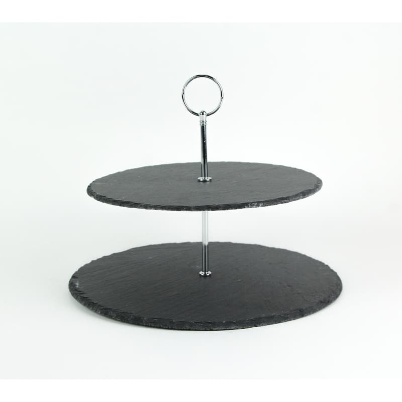 Two Tier Round Slate Stone And Chrome Metal Farmhouse Serving Tray - 9.25 X 11.75 X 11.75 inches