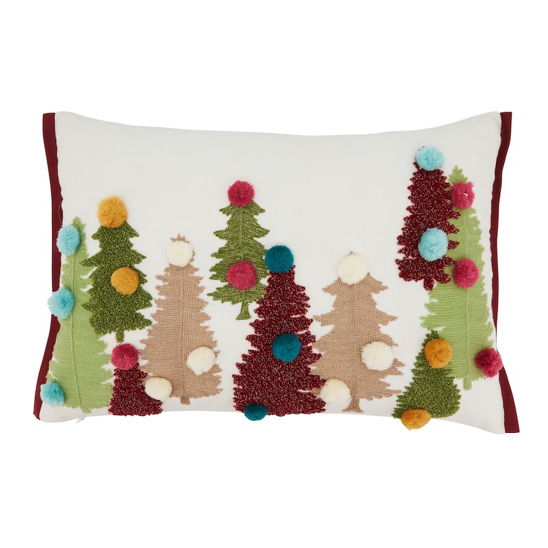 Holiday Cheer Pom Pom Christmas Trees Throw Pillow - Feather Down - 14"x20"