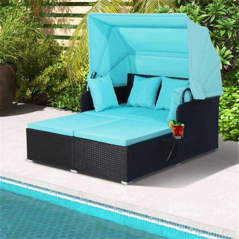 Rattan Daybed Lounge with Retractable Canopy and Side Tables - 65" x 60.5 x 58.5" - Turquoise