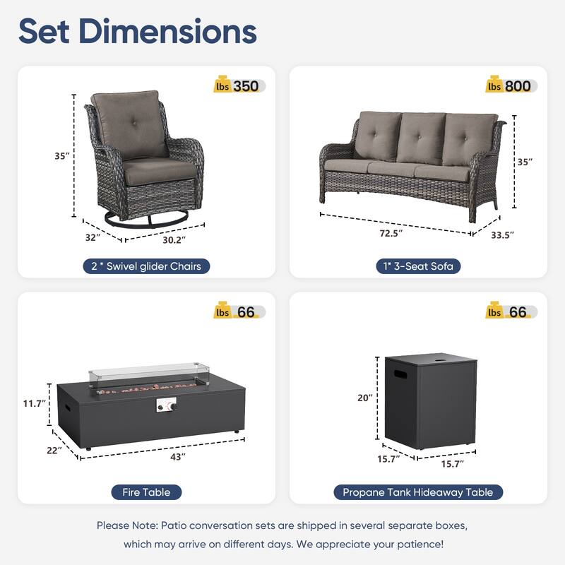 Pocassy Outdoor 5 Pieces Sofa Swivel Chair with Fire Pit Table