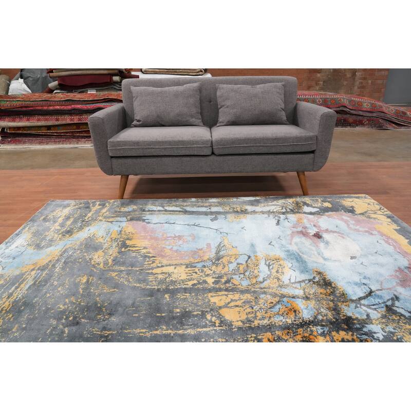 Hand Knotted Oriental Viscose Silk Carpet Modern Pictorial Navy Blue & Blues Abstract Area Rug - 7' 7'' X 5' 8''