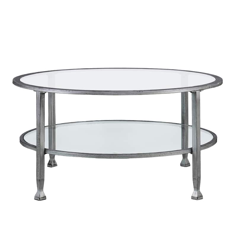 SEI Furniture Glenn Distressed Silver Round Coffee Table with Glass Top and Shelf