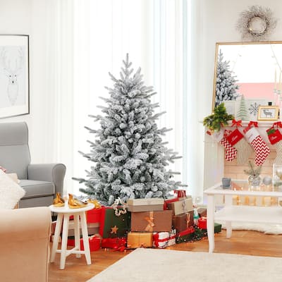 Gymax 4.5/6/7 FT Pre-Lit Artificial Christmas Tree Snow Flocked Full