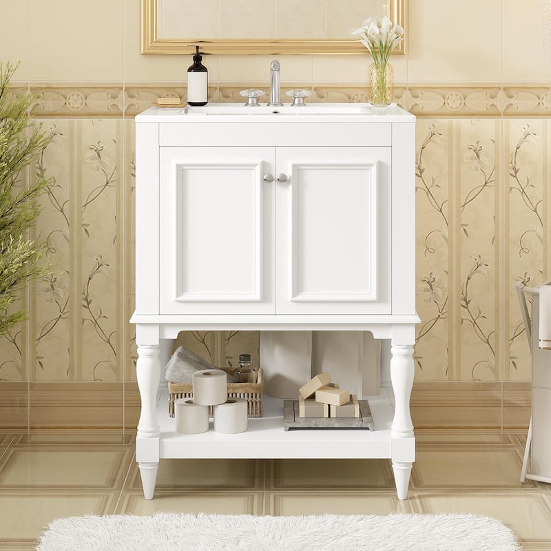 24 inch Modern Luxury Bathroom Vanity with Ceramic Sink, Bathroom Cabinet with Open Shelf and Closed Storage