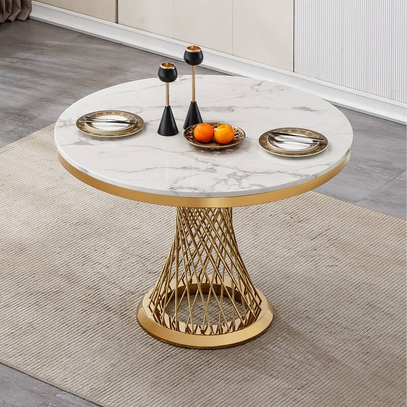 47" Round Dining Table with Faux Marble Tabletop and Stainless Steel Base - Gold+White