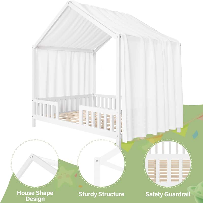 Montessori Bed, House-shape Frame Platform Bed for Kids Toddler, Wood House Daybed with High Railings and Roof, Canopy Bed Frame