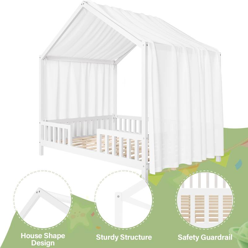 Montessori House Bed with Canopy, Twin/Full Kids Floor Bed Frame with High Railings, Wooden Roof Bed for Toddlers and Children