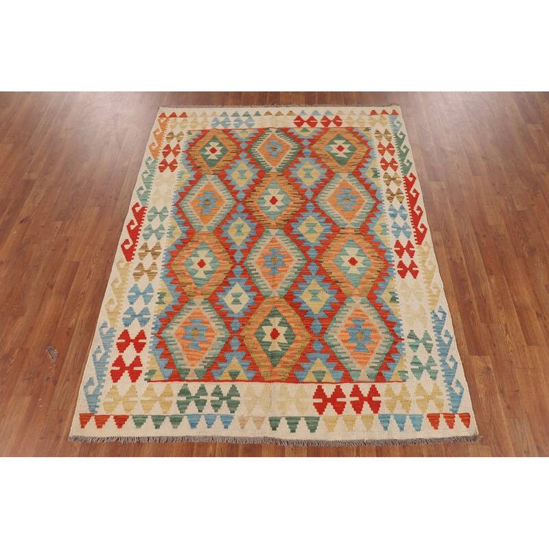 Geometric Multi-Color Kilim Oriental Rug Flatweave Wool Carpet - 5'0"x 6'6"