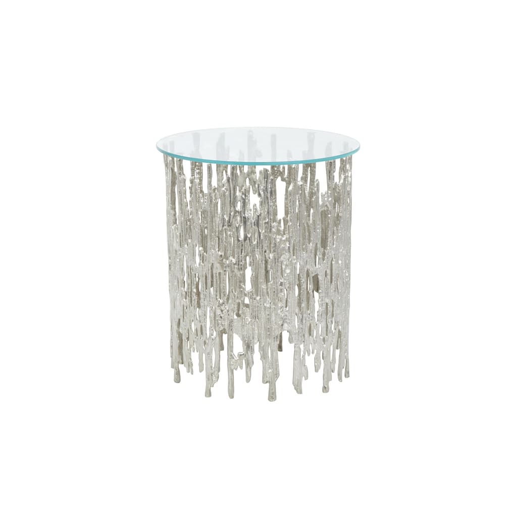 Aluminum Metal Abstract Metallic Cutout Side End Accent Table with Glass Tabletop - Silver - Roche River Decor