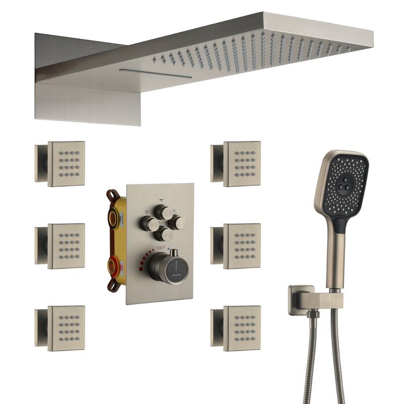 Wall Mounted 20 Inch Dual-function Rainfall Shower Head 4 Function Thermostatic Shower System - Brushed Nickel
