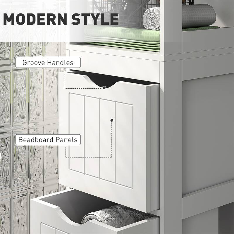 White Beadboard Compact Narrow Bathroom Storage Cabinet with 3 Drawers and 2 Shelves - 11.8" W x 11.8" D x 55.6" H