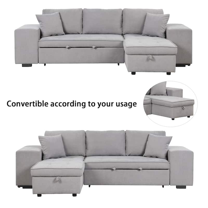 104.5" Linen L-Shaped Sectional Sofa Bed with Stools