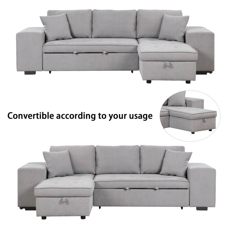 Modern L-Shape 3 Seat Reversible Sectional Couch, Pull Out Sleeper Sofa with Storage Chaise and 2 Stools