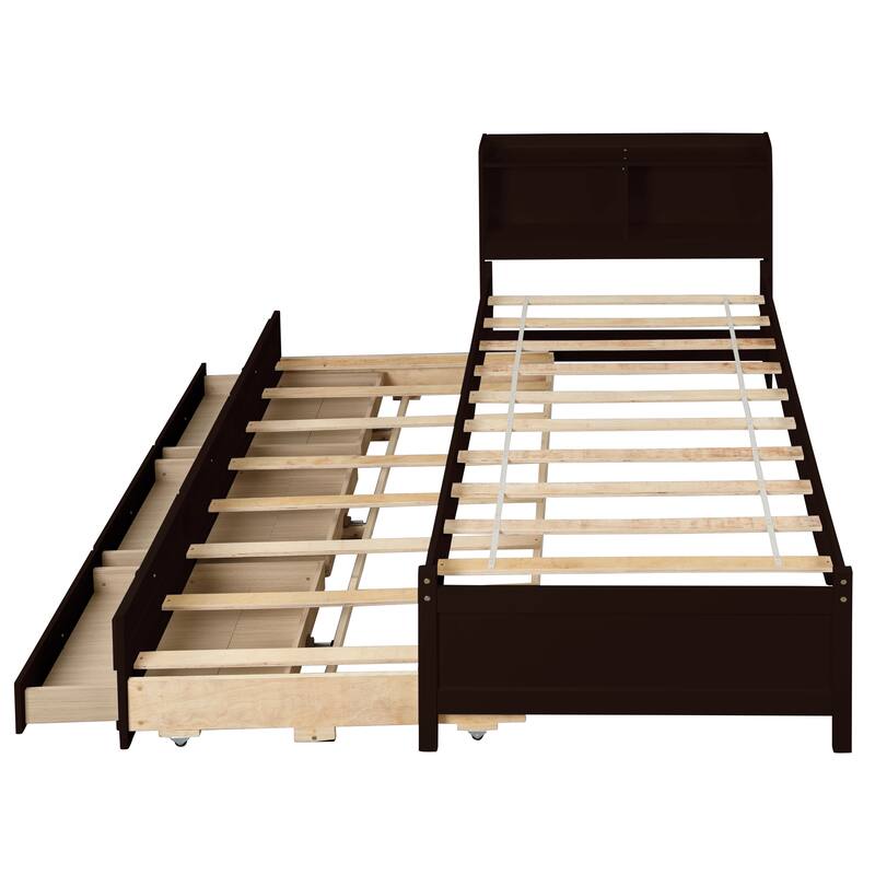 Twin Size Platform Bed Wood Frame Bed with Storage Headboard and Twin Trundle Bed, 2 Storage Drawers Design for Kids Teens