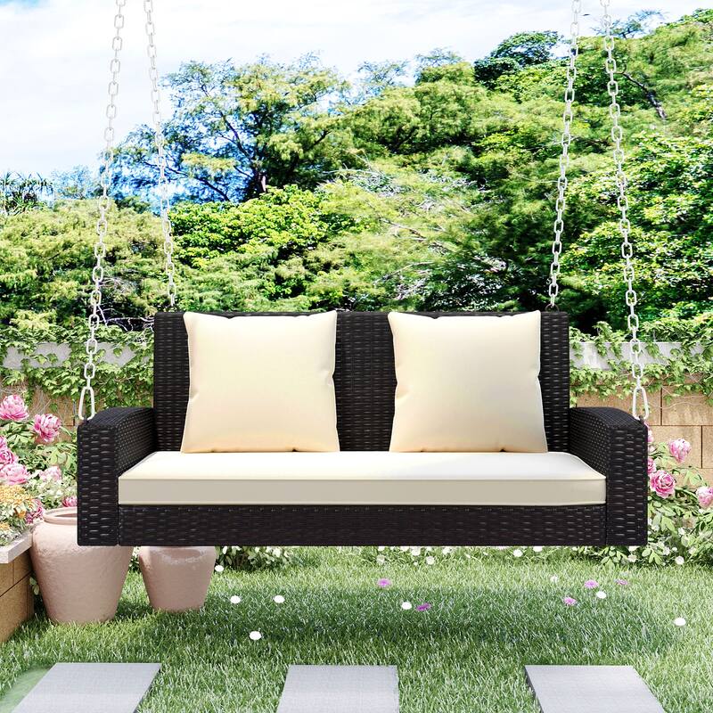 2-Person Wicker Hanging Porch Swing with Chains, Cushion, Pillow, Rattan Swing Bench for Garden, Backyard, Pond