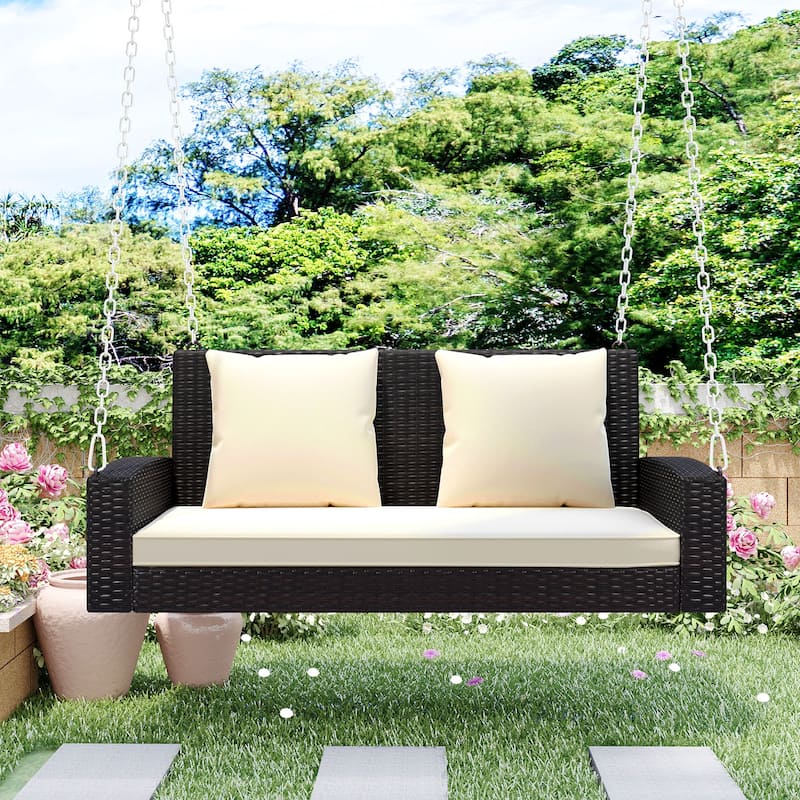 2-Person Wicker Hanging Porch Swing with Chains, Cushion & Pillow