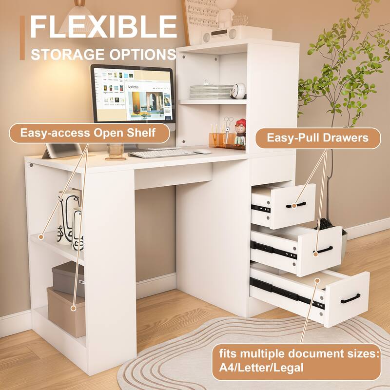 White Computer Desk with 3 Slide Storage Drawers and 4 Open Shelves for Home or Office Workstation