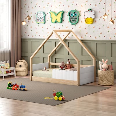 Themes and Rooms Toddler Bed Little Fence with Roof - White - Natural