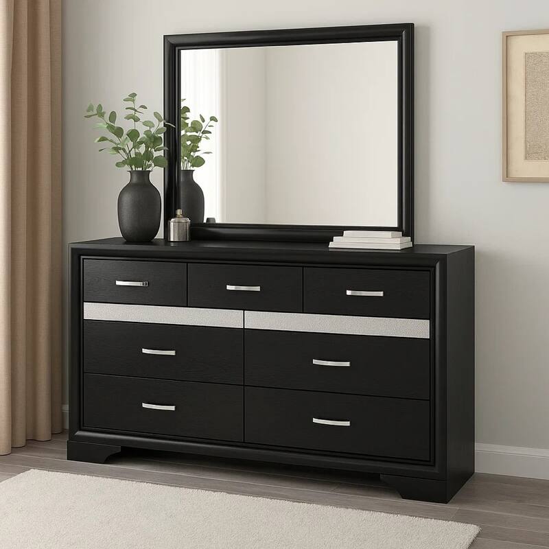 Vino Wide Dresser with Mirror, 7 Drawers, Modern Black, Chrome Accent