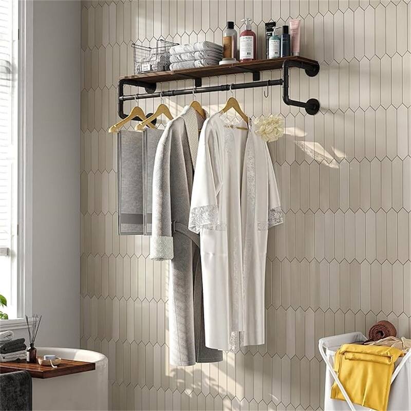 Industrial Pipe Clothes Rack with Top Shelf - 11.8"D x 43.3"W x 11.5"H
