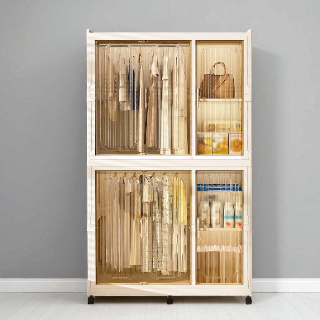 Portable Kids Wardrobe Closet with 6 Magnetic Doors, 6 Cubes, 2 Hanging Rods, 6 Hangers & Wheels, Plastic Clothes Organizer