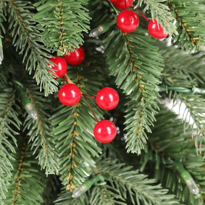Glitzhome 4ft/6ft/7ft Pre-lit Green Artificial Christmas Porch Tree with Red Berries,Pinecones and 100 Warm White Lights
