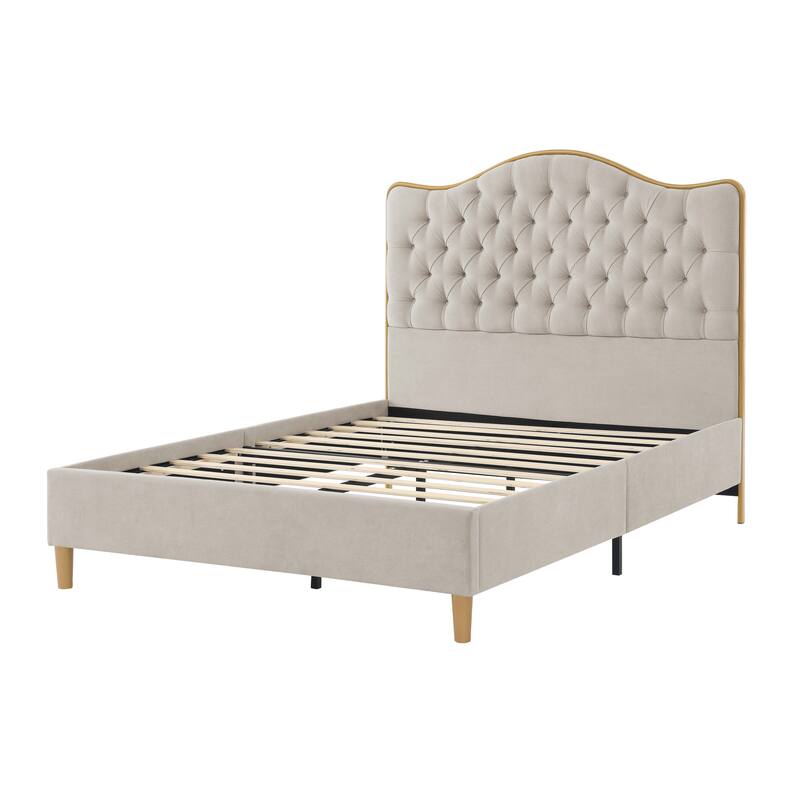 Upholstered Queen Bed Frame with Tufted Headboard and Wooden Legs