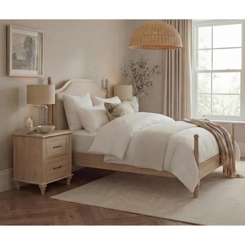 3 Piece Bedroom Set, Queen Size Bed Frame & Set of 2 Nightstands, Oak