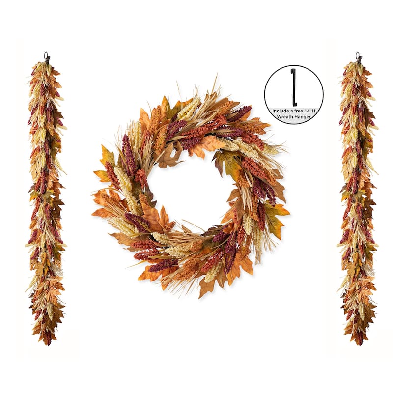 Glitzhome Fall Multi-Colored Sorghum Garland Wreath Swag with Black Metal Wreath Hanger - Set of 3-Garlands & Wreath
