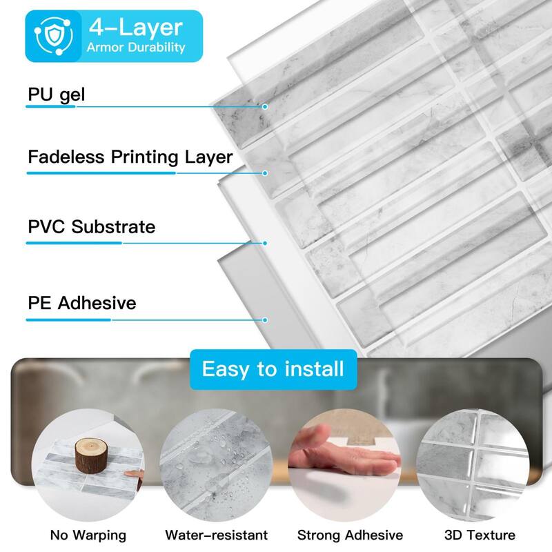 Art3d 10 Pieces Self-adhesive Thickened Backsplash Subway Tiles Marble Design - 9inch x 11.4inch