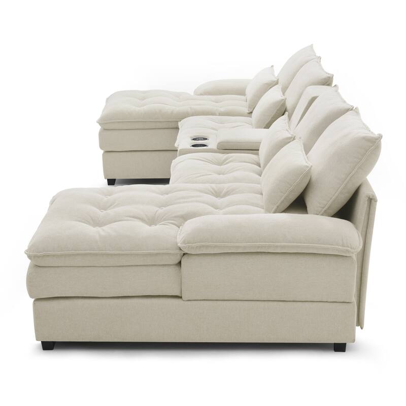 U-shaped Sectional Sofa with Chaise, Built-in Storage Console and Cup Holders, Linen Double-Layer Cushioning Lounge Couch