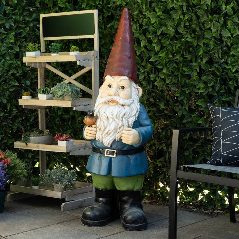 Alpine Corporation ZKD100 Jumbo Size Gnome with Bird Decor, Whimsical Gnome Statue for Patio & Garden, 48"H, Multicolor