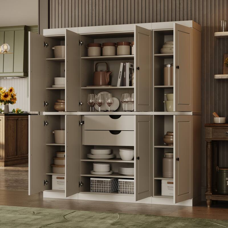 Solid Wood Tall Freestanding Kitchen Pantry Cabinet with Doors & 2 Drawers, Adjustable Shelves, Modular Storage, 65" W x 71.5" H - Off White