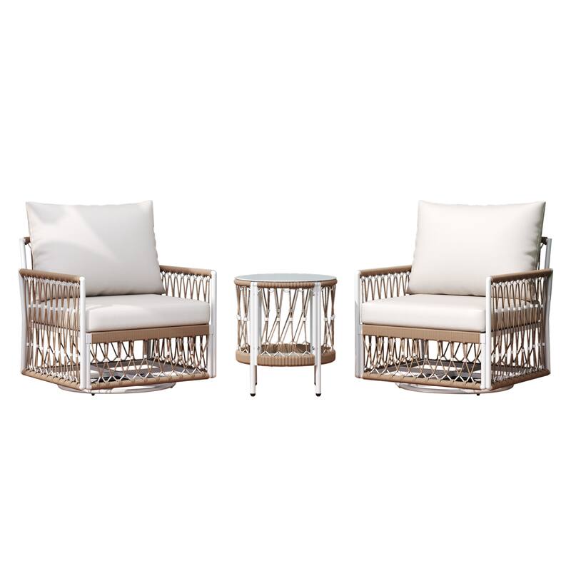 3-Piece Bohemian Outdoor Furniture Set with 2 Swivel Chairs & Tempered Glass Side Table, Waterproof Patio Conversation Set